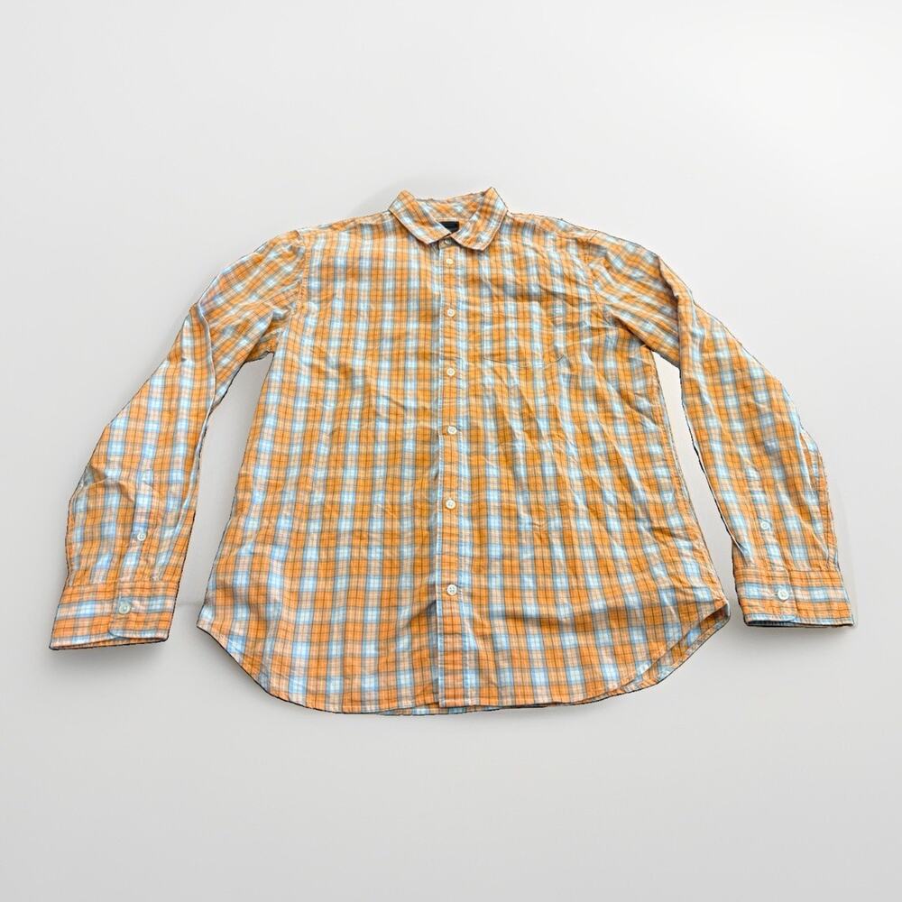 Gap Mens Orange Blue White Plaid Long Sleeve Button Up The Lived-In Wash L NWT